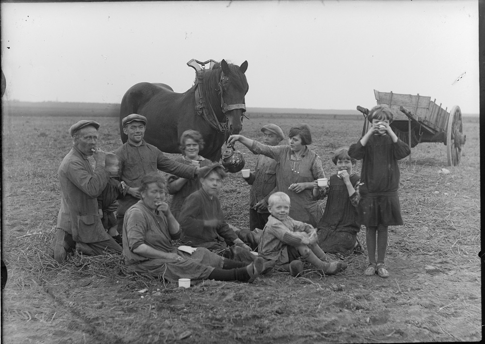 Familie Eerdekens uit Meeuwen-Gruitrode op het veld tijdens de lunch met koffie, 1931, door Jan Arnold Buntinx. Privécollectie Rob Fiten.