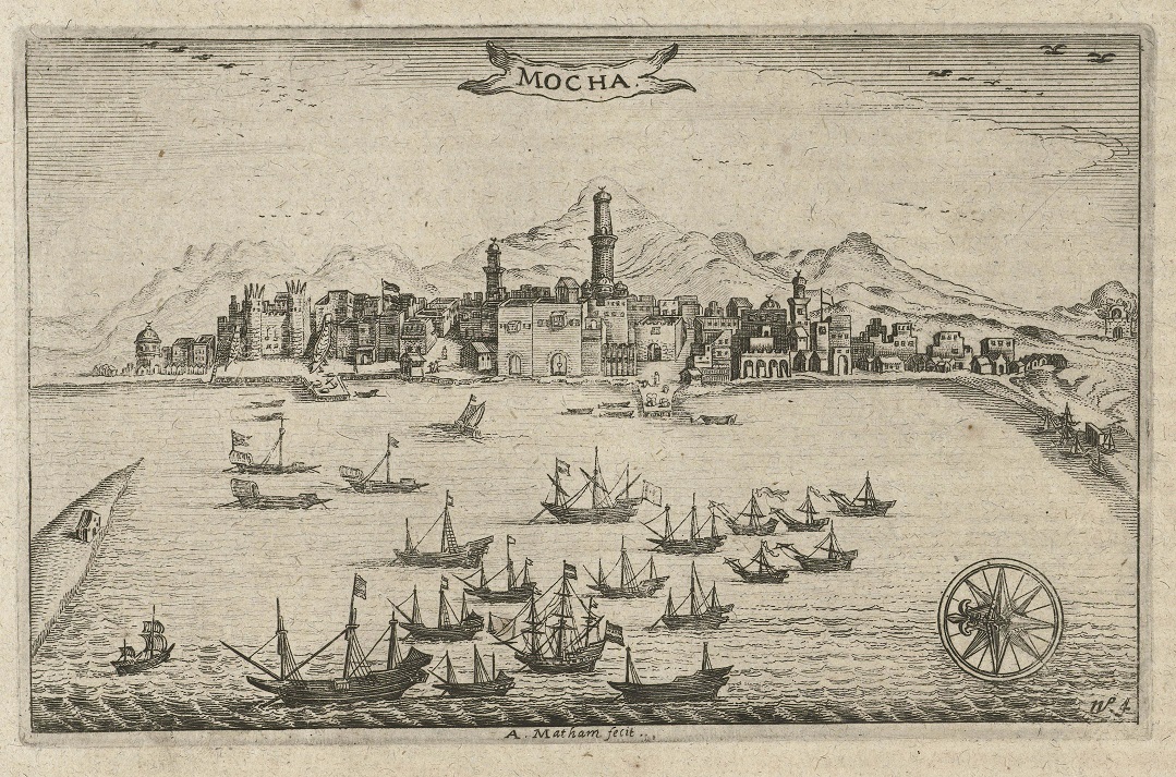 Zicht op de haven van Mocha, 1616, door Adriaen Matham. Collectie Rijksmuseum Amsterdam.