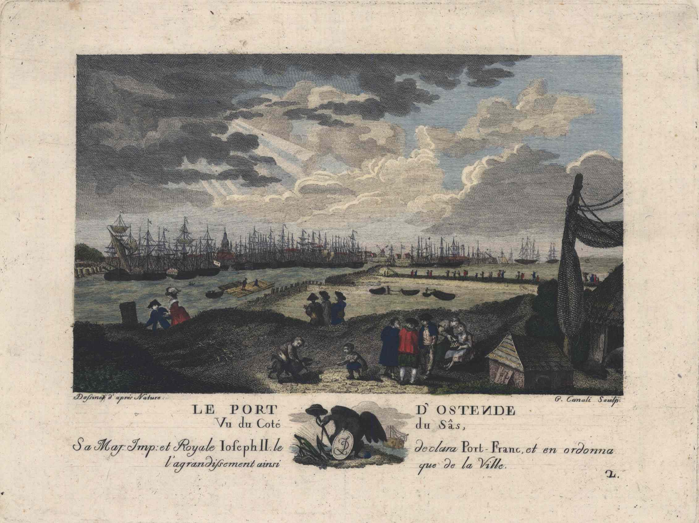 Zicht op de Oostendse haven langs het sas, door G. Canali, circa 1781. Stadsarchief Oostende PT/G0045.