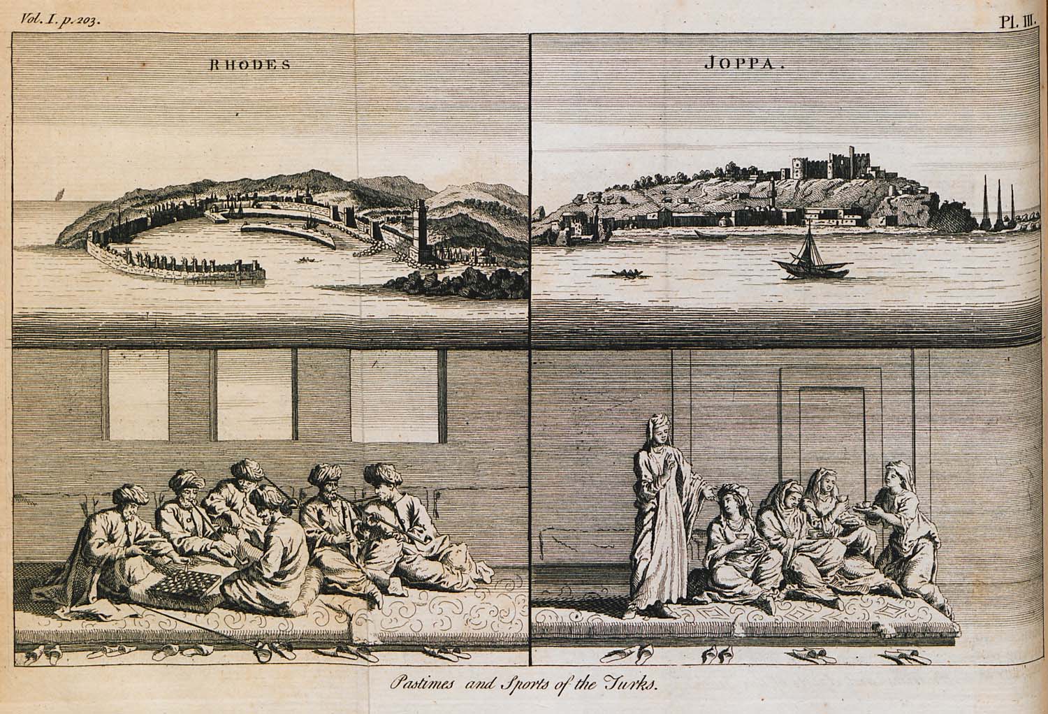 Prent met zicht op de havens van Rhodos en Yaffa en vrijetijdsbesteding van Ottomanen, 1759. Collectie Gennadius Library.
