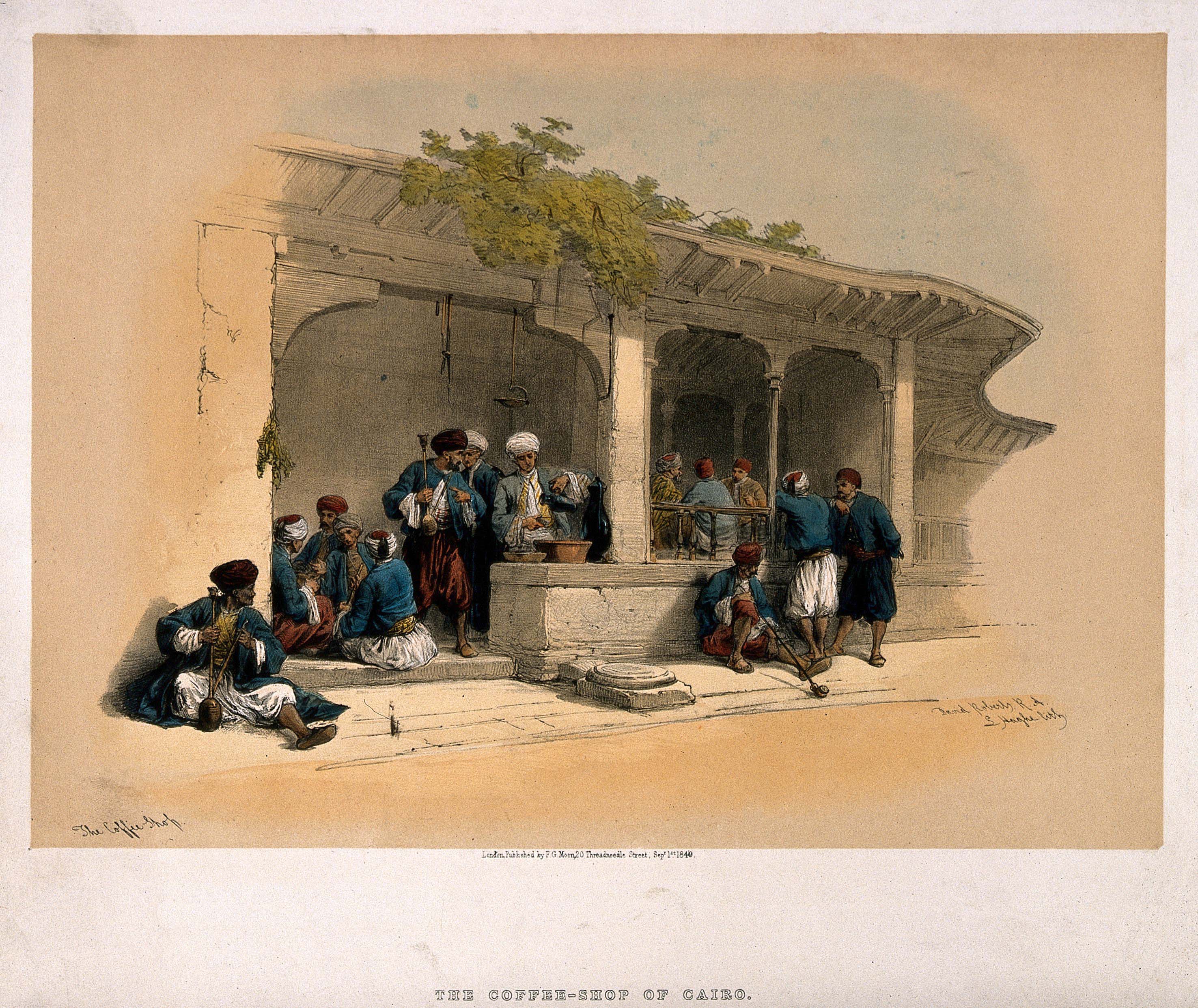 Mannen in een koffiehuis in Caïro. Ze drinken er koffie, roken pijpen en voeren gesprekken, door Louis Haghe, 1849. Wellcome Library nr. 25220i.