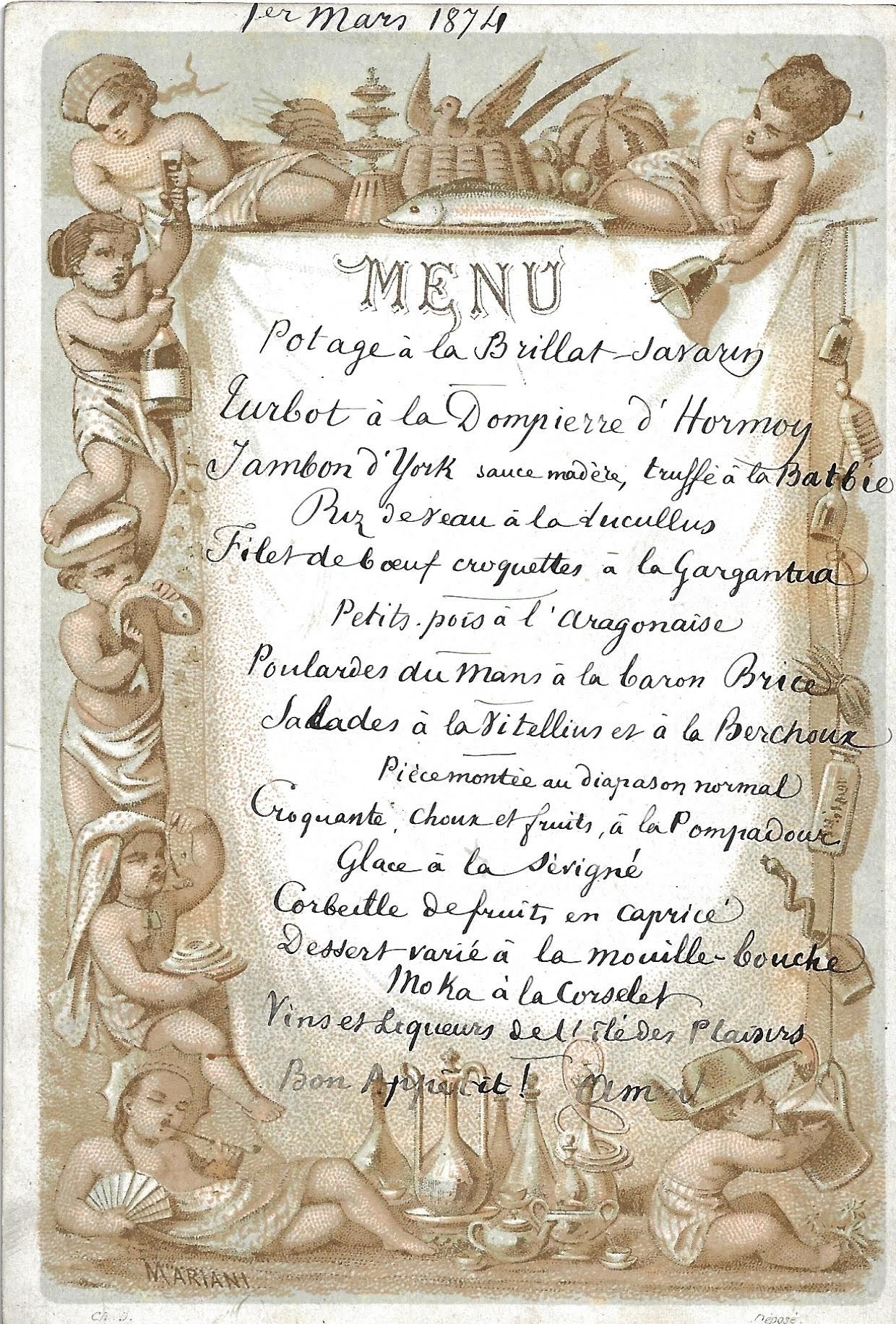 Een rijkelijk versierde menukaart uit 1874. Verzameling Huyghe.