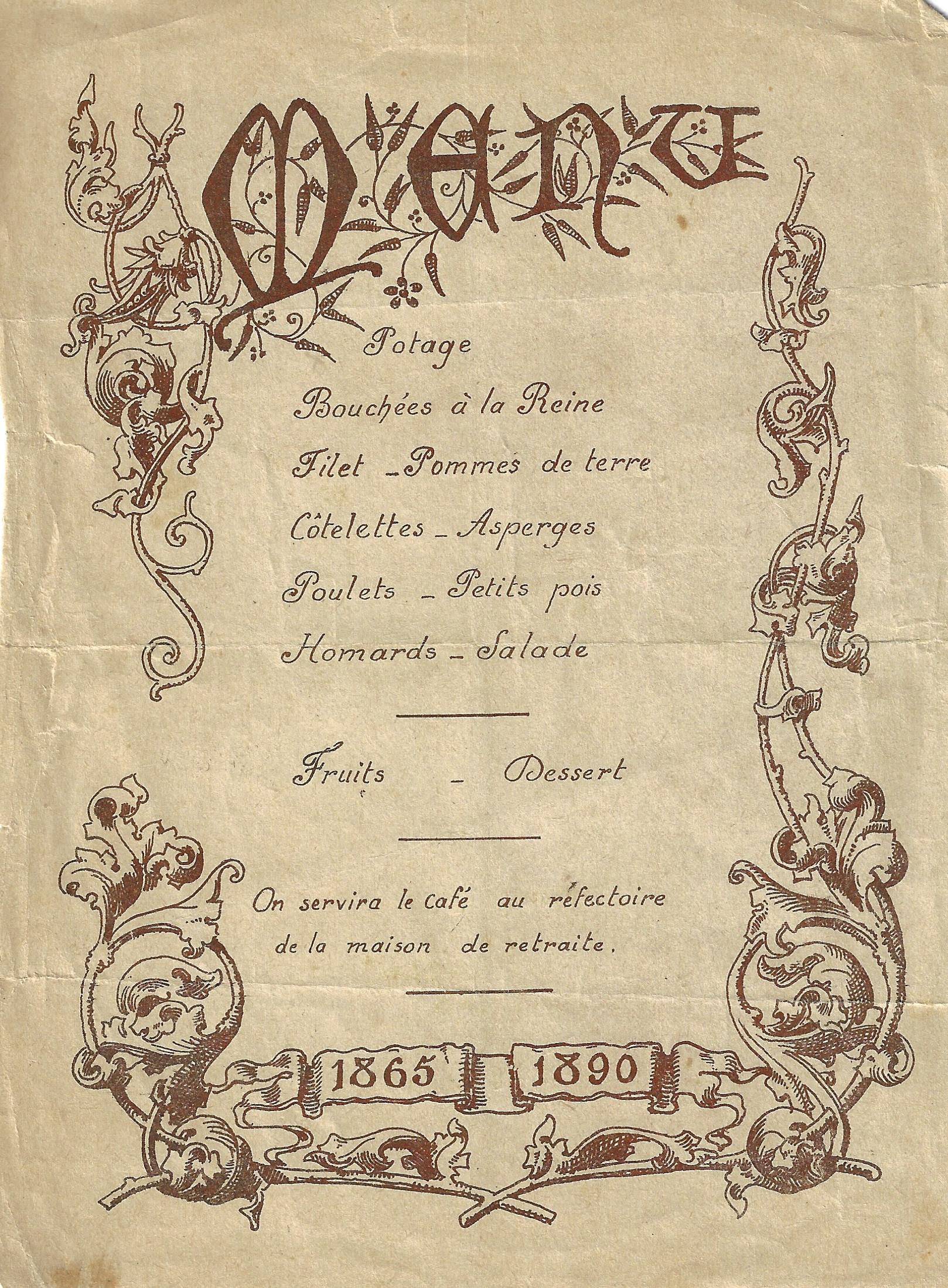 Koffie op een menukaart uit 1890 van een 25-jarig jubileum.