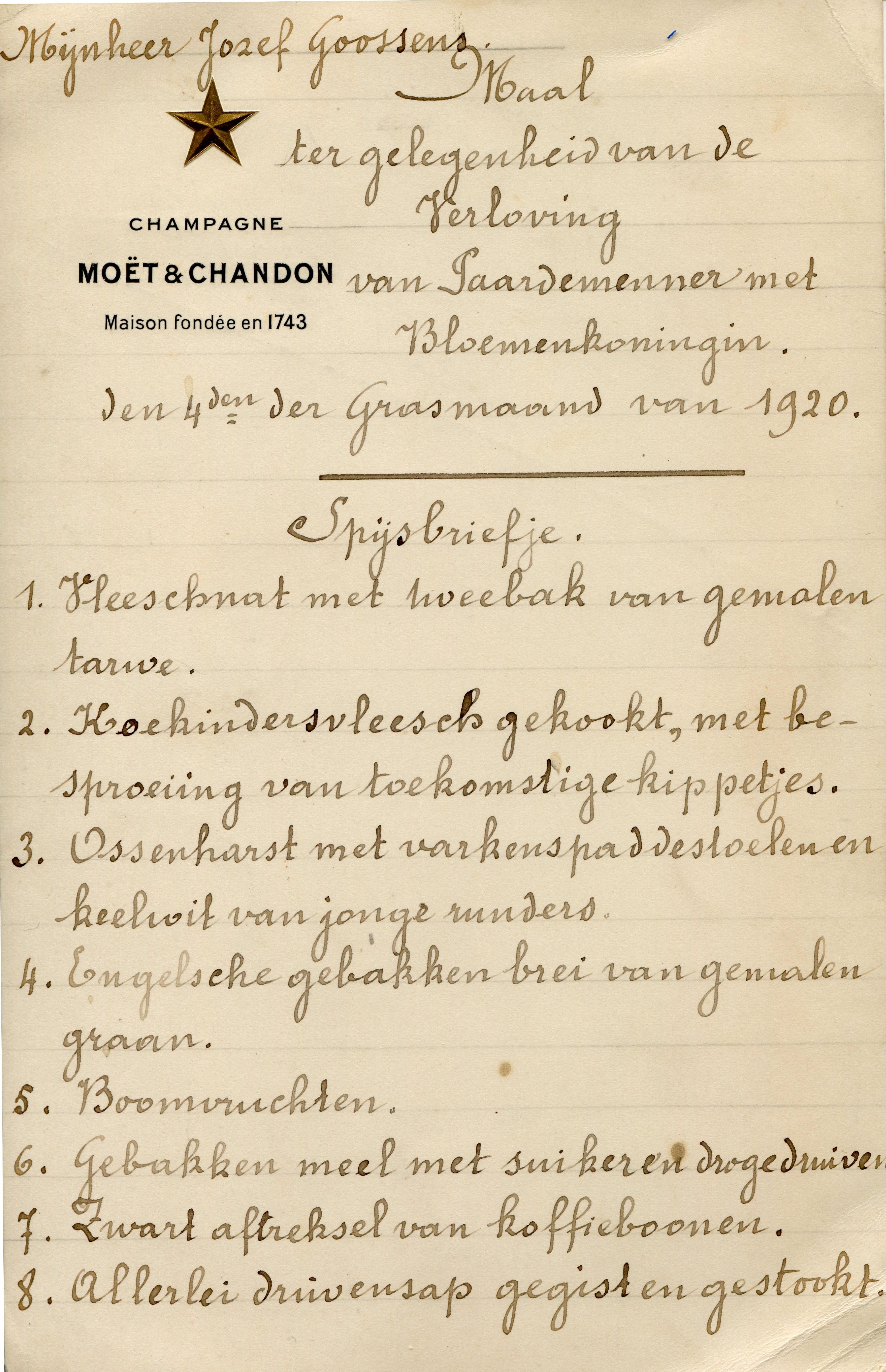 Ludieke menukaart van een ‘maal ter gelegenheid van de verloving van paardemenner met bloemenkoningin’ uit 1920. Verzameling Huyghe.