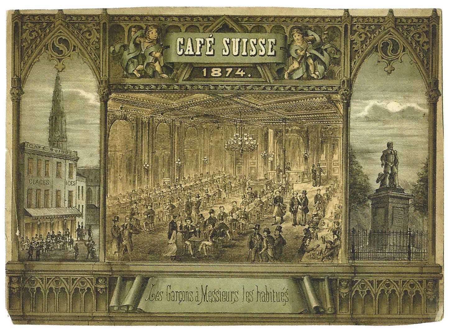 Affiche uit 1874 van Café Suisse.  Collectie MAS, Antwerpen.