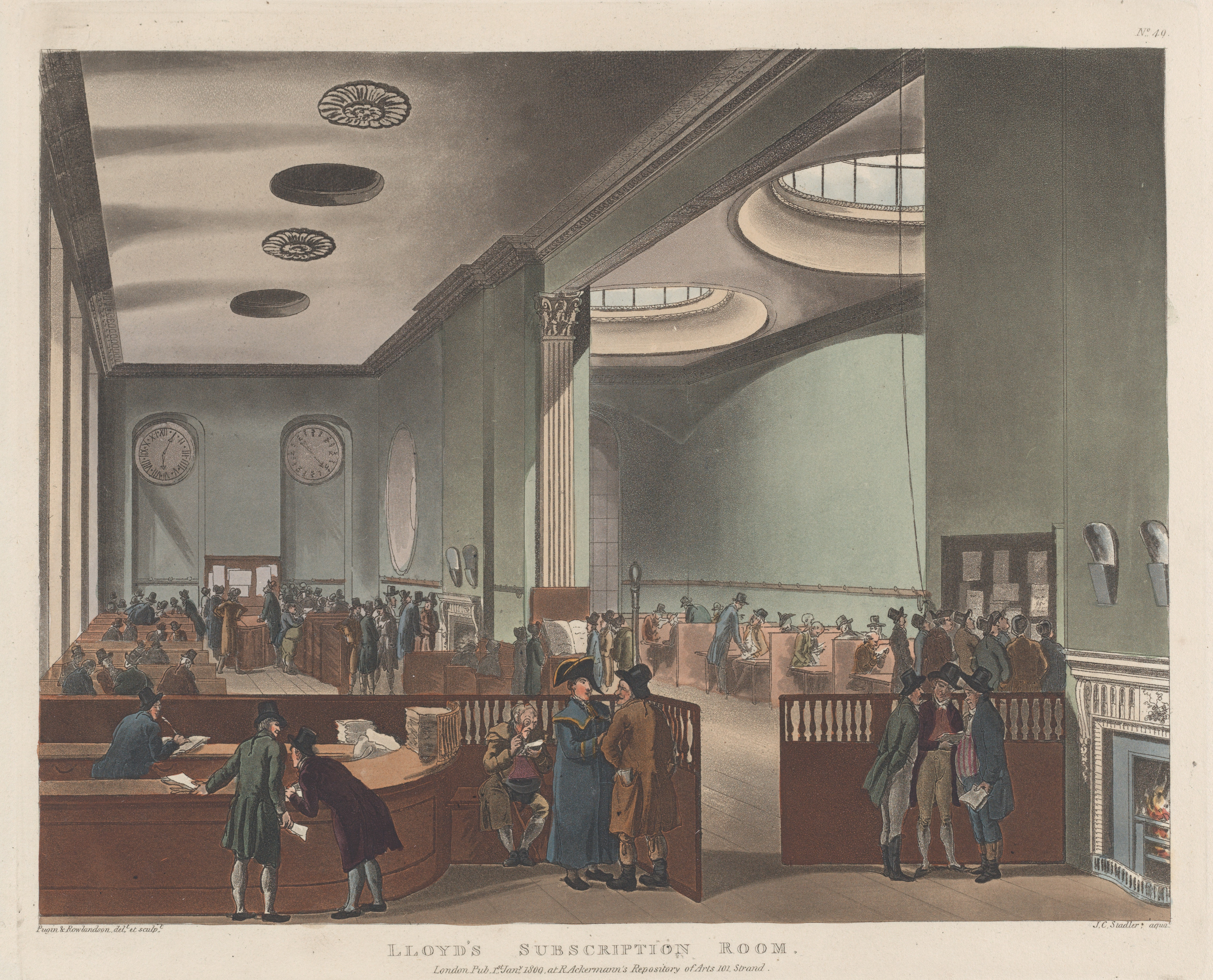 De verzekeringsruimte van Lloyd’s koffiehuis in 1809, Londen. The Elisha Whittelsey Collection, 1959. The Metropolitan Museum of Art, New York.