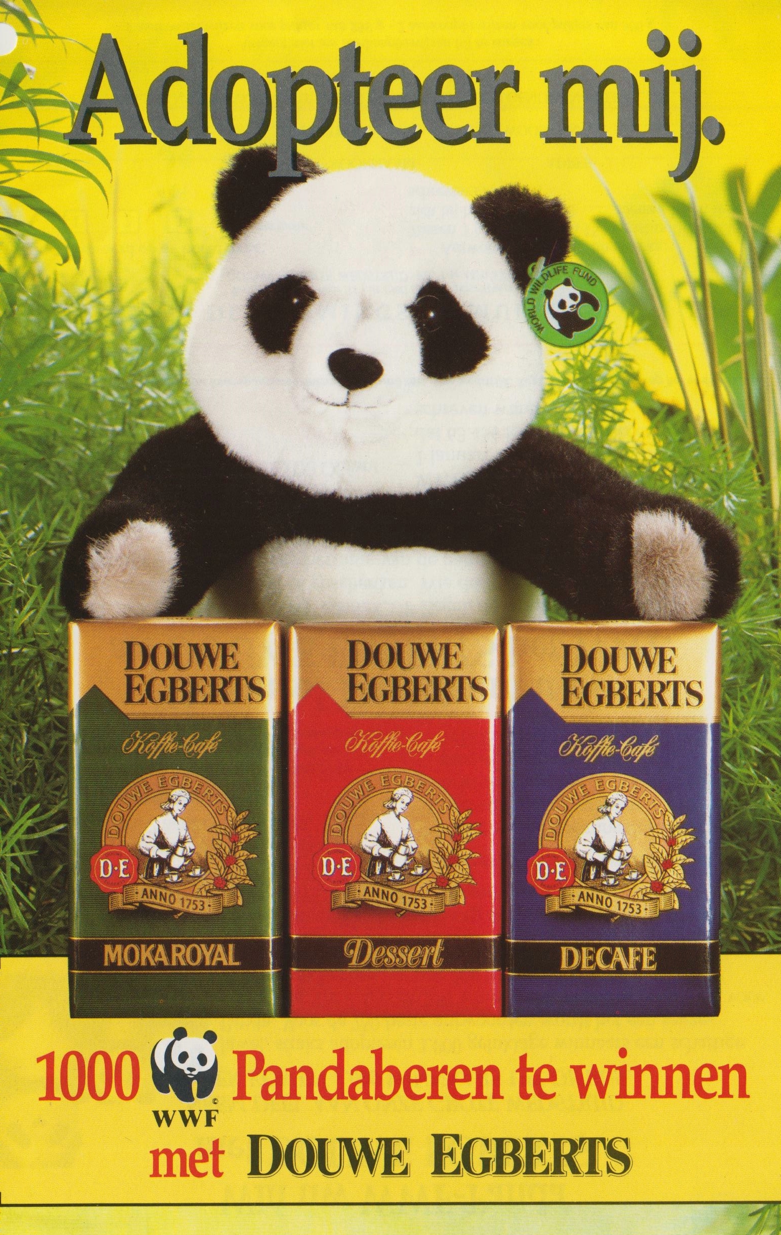 Promo van Douwe Egberts uit 1990. De drie soorten – Dessert, Moka Royal en Decafé – staan centraal. Collectie Jacobs Douwe Egberts, Brussel.