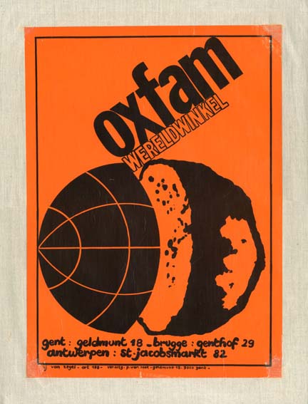  Affiche van een doorgesneden wereldbol waarvan de helft brood is voor eerlijke productenhandel, uitgegeven tussen 1972 en 1978 door Oxfam-Wereldwinkels. is. Collectie AMSAB-ISG