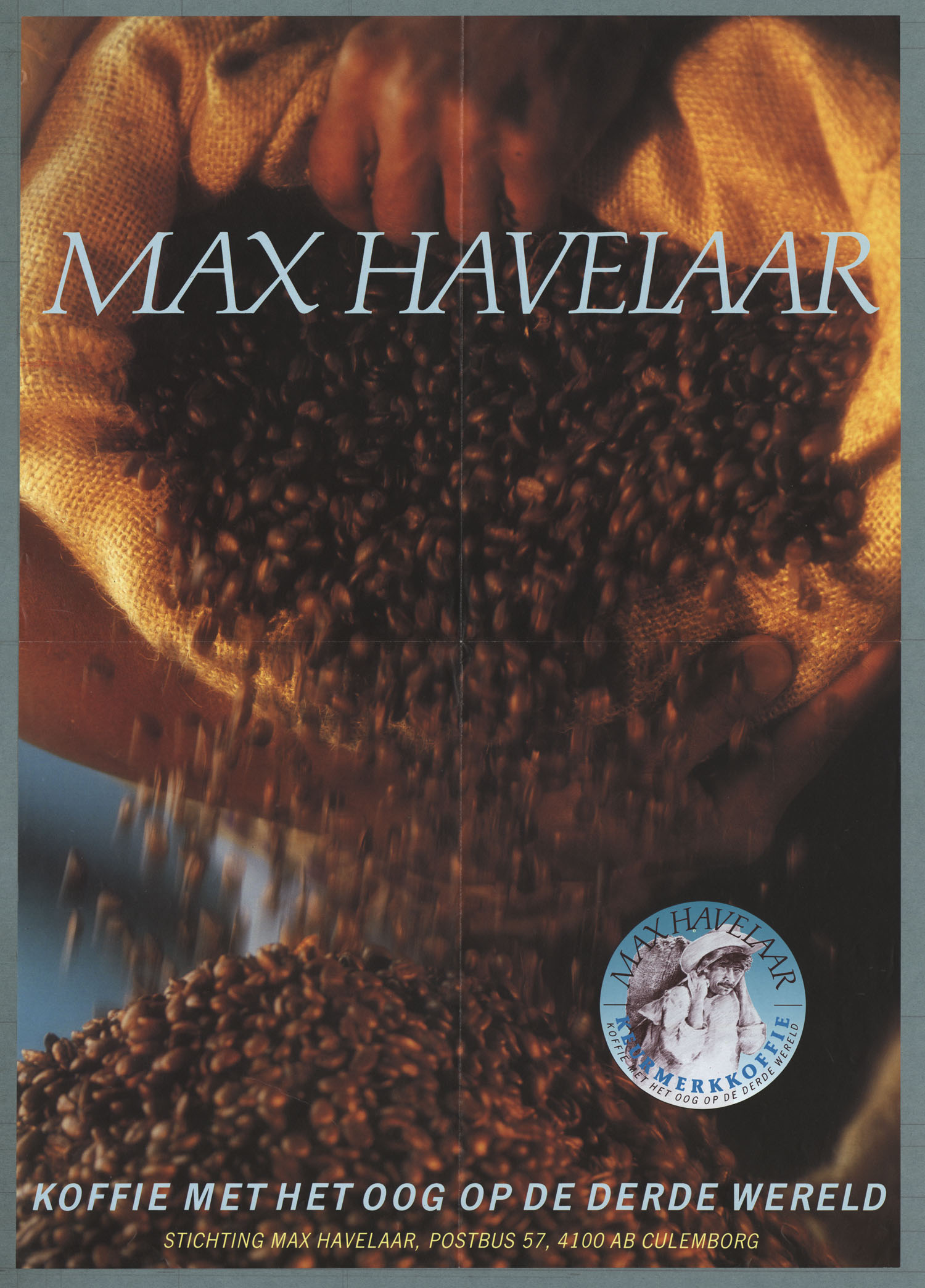 Reclame voor koffie met het keurmerk van Max Havelaar, jaren 1980. Beeldbank het Geheugen.