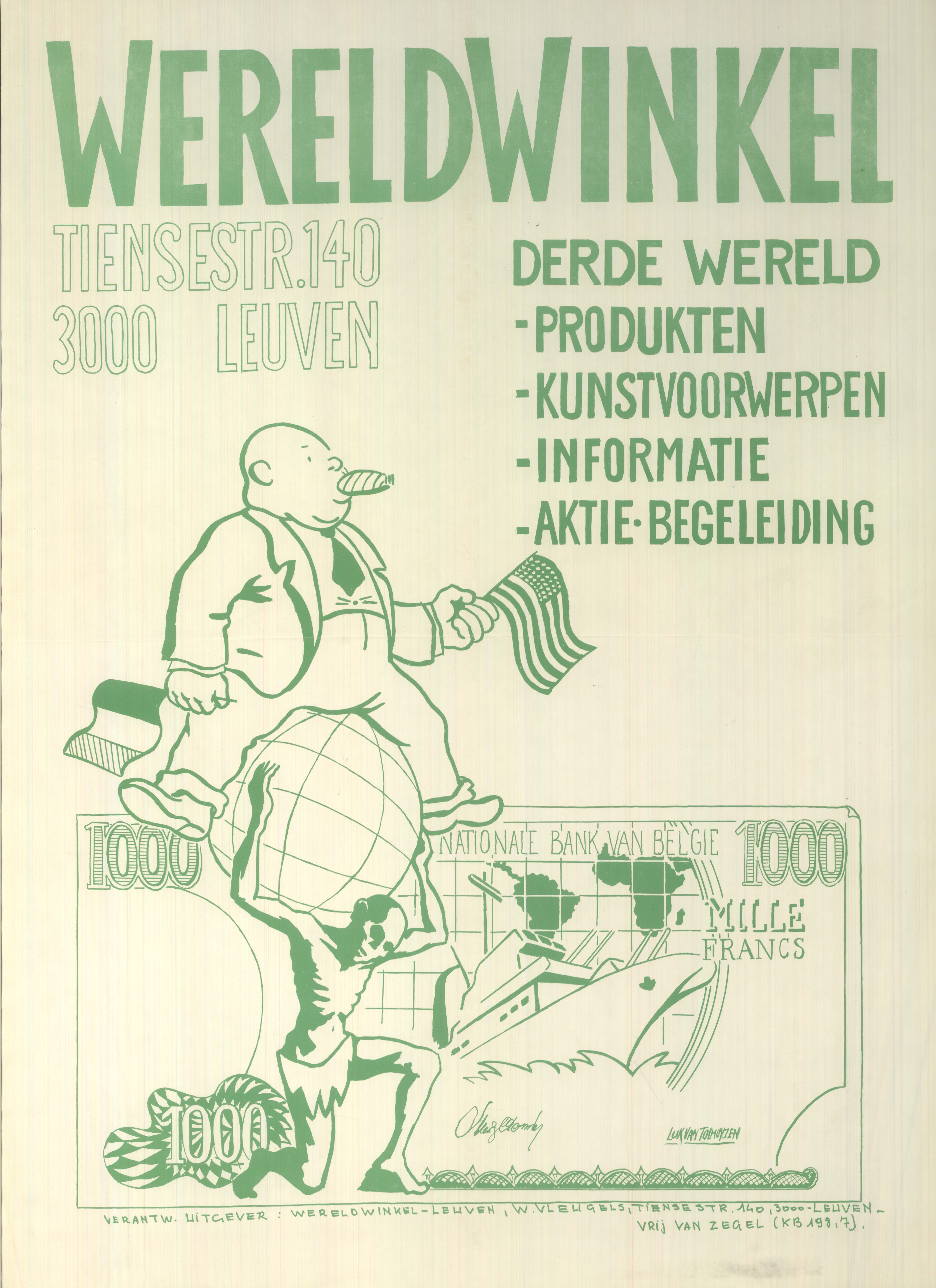 Een affiche van de wereldwinkel in Leuven lijst de verschillende activiteiten van de organisatie op, jaren 1970. Collectie KADOC – KU Leuven.