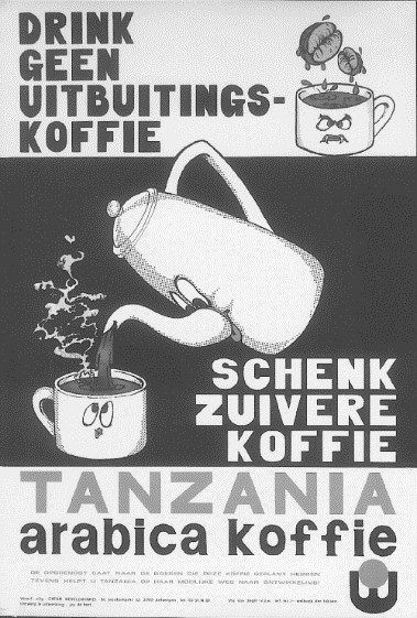 In 1972 voert Oxfam Wereldwinkels campagne voor koffie uit Tanzania. Collectie Oxfam Wereldwinkels.