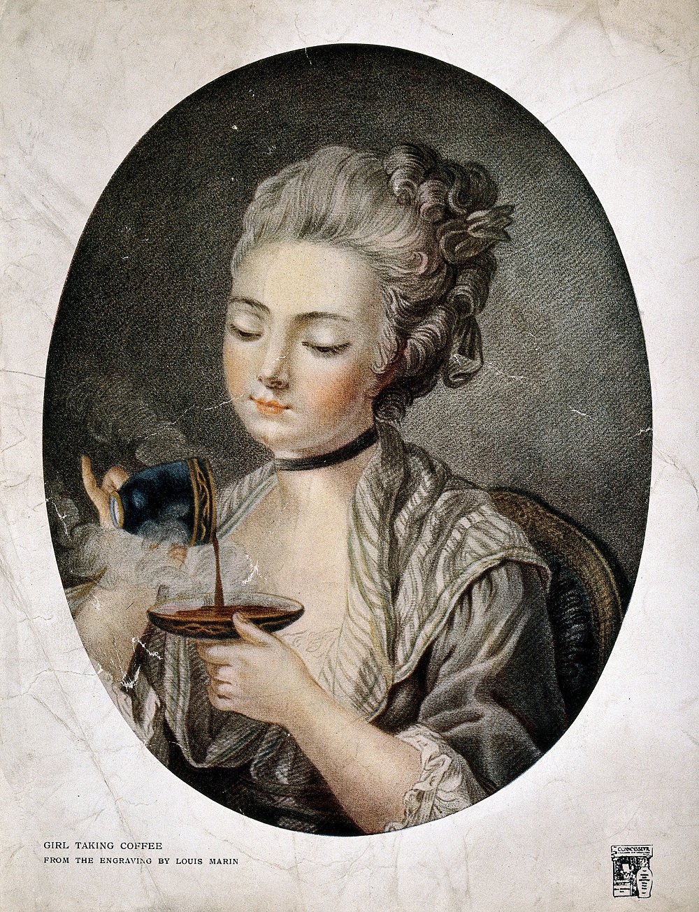 Een jonge vrouw giet koffie van haar kopje in het schoteltje, 1776-1780. Wellcome Collection nr. 25219i.